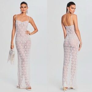 Retrofete Landy Faux Pearl & Bead Adorned Lace Maxi Dress White NEW with tag